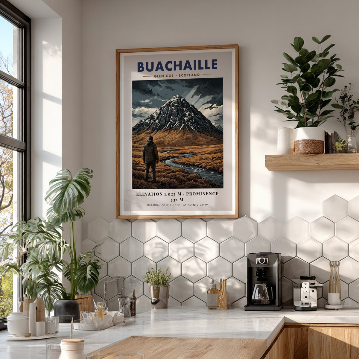 Poster of Buachaille mountain in Glen Coe Scotland featuring earthy tones and streams.