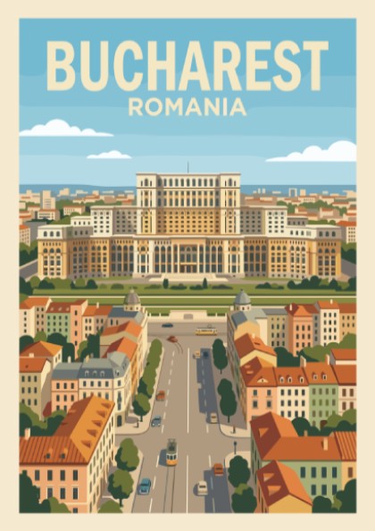Poster of Bucharest Romania featuring a grand palace above city streets and trams.