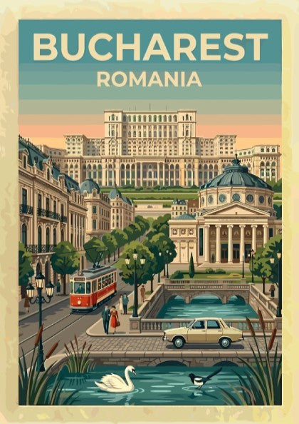 Travel poster of Bucharest Romania featuring a vintage tram and the Palace architecture.