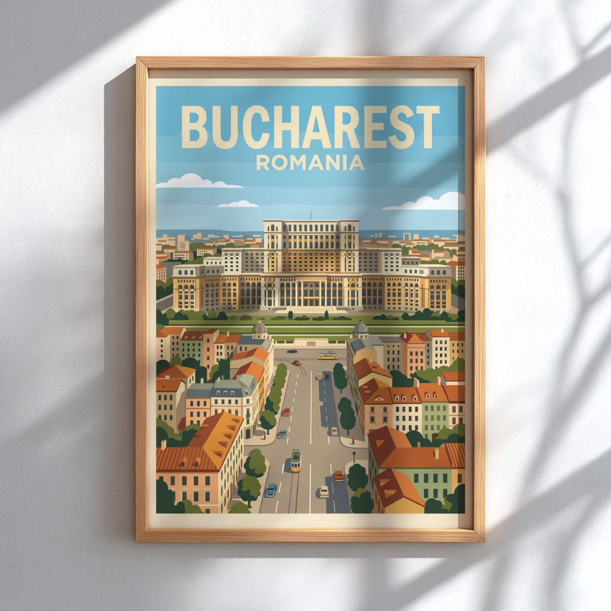 Poster of Bucharest Romania featuring a grand palace above city streets and trams.