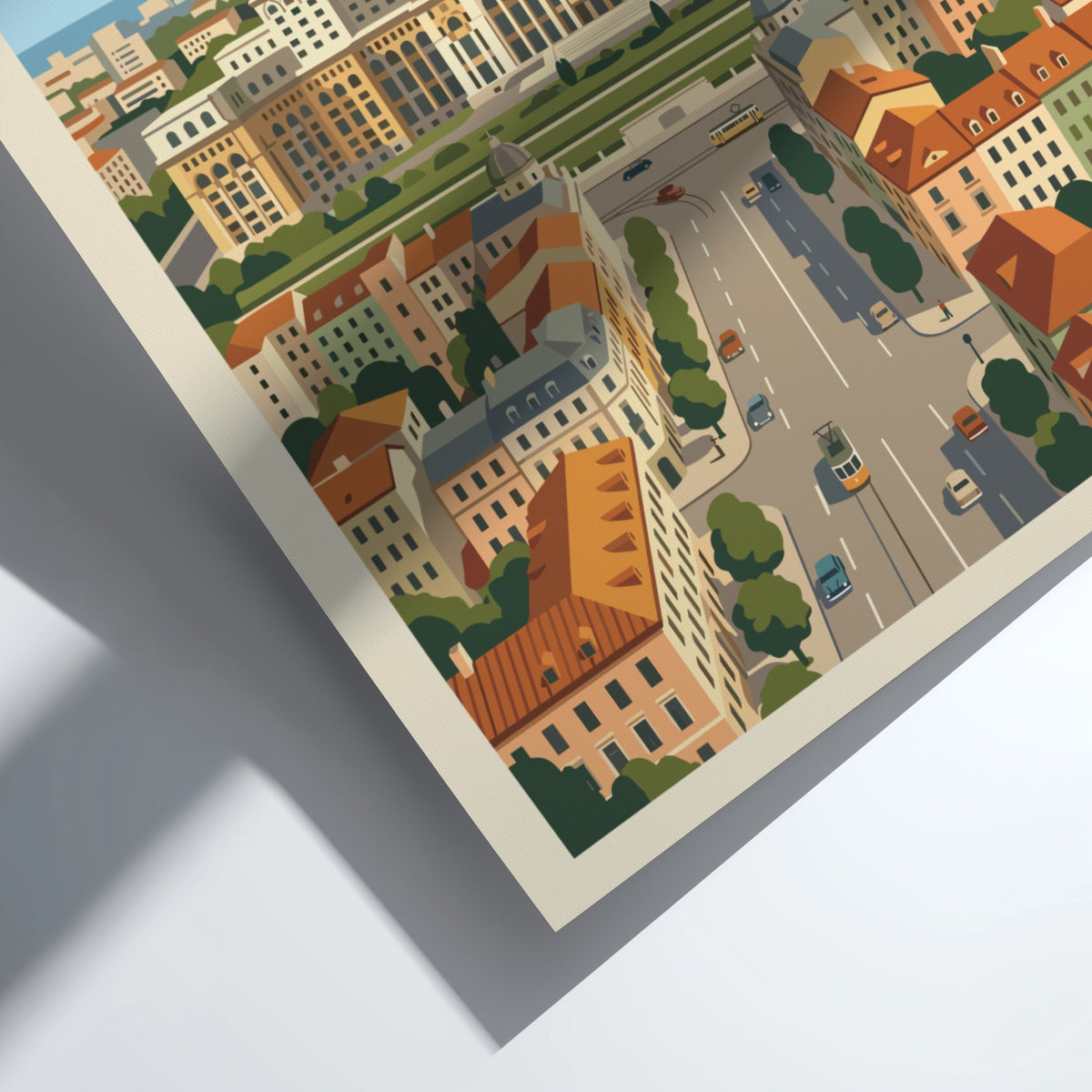 Poster of Bucharest Romania featuring a grand palace above city streets and trams.