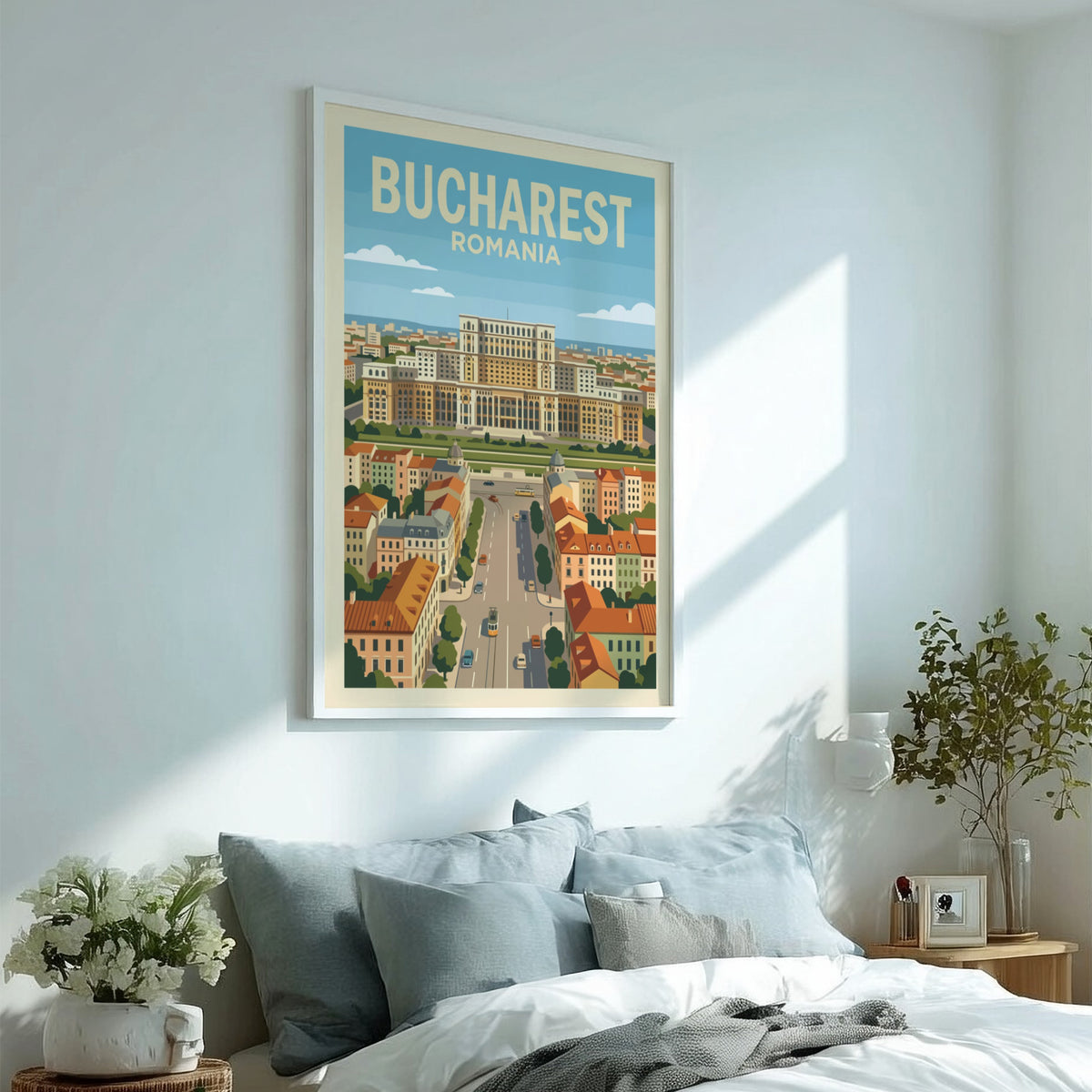 Poster of Bucharest Romania featuring a grand palace above city streets and trams.
