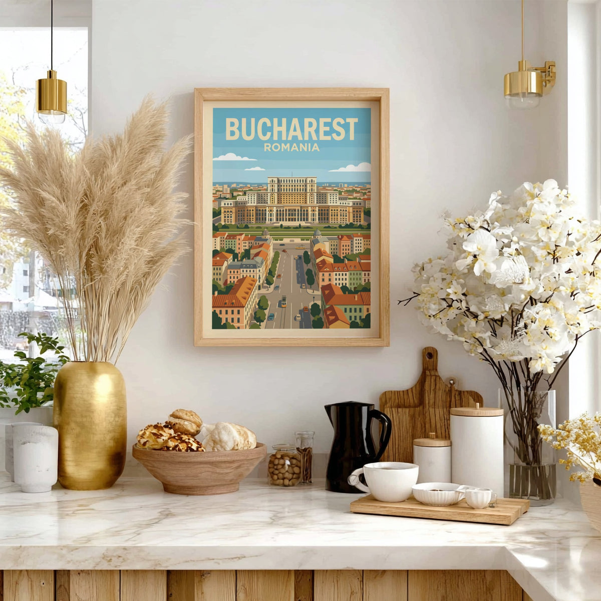 Poster of Bucharest Romania featuring a grand palace above city streets and trams.