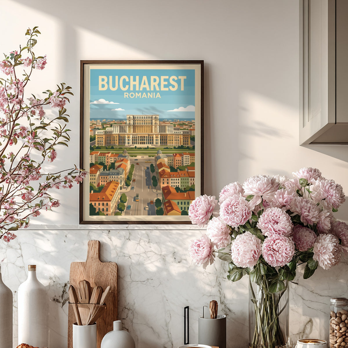 Poster of Bucharest Romania featuring a grand palace above city streets and trams.
