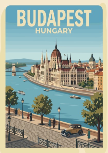 Vintage travel poster of Budapest Hungary featuring the Parliament building and river scenes.