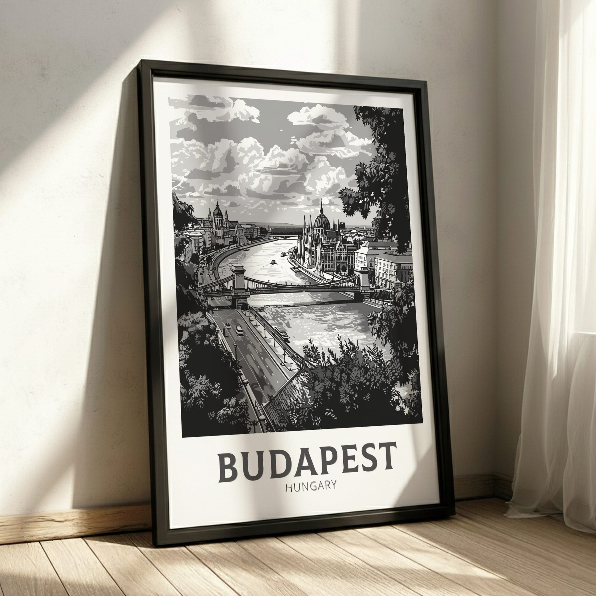 Budapest black and white travel poster on a black frame
