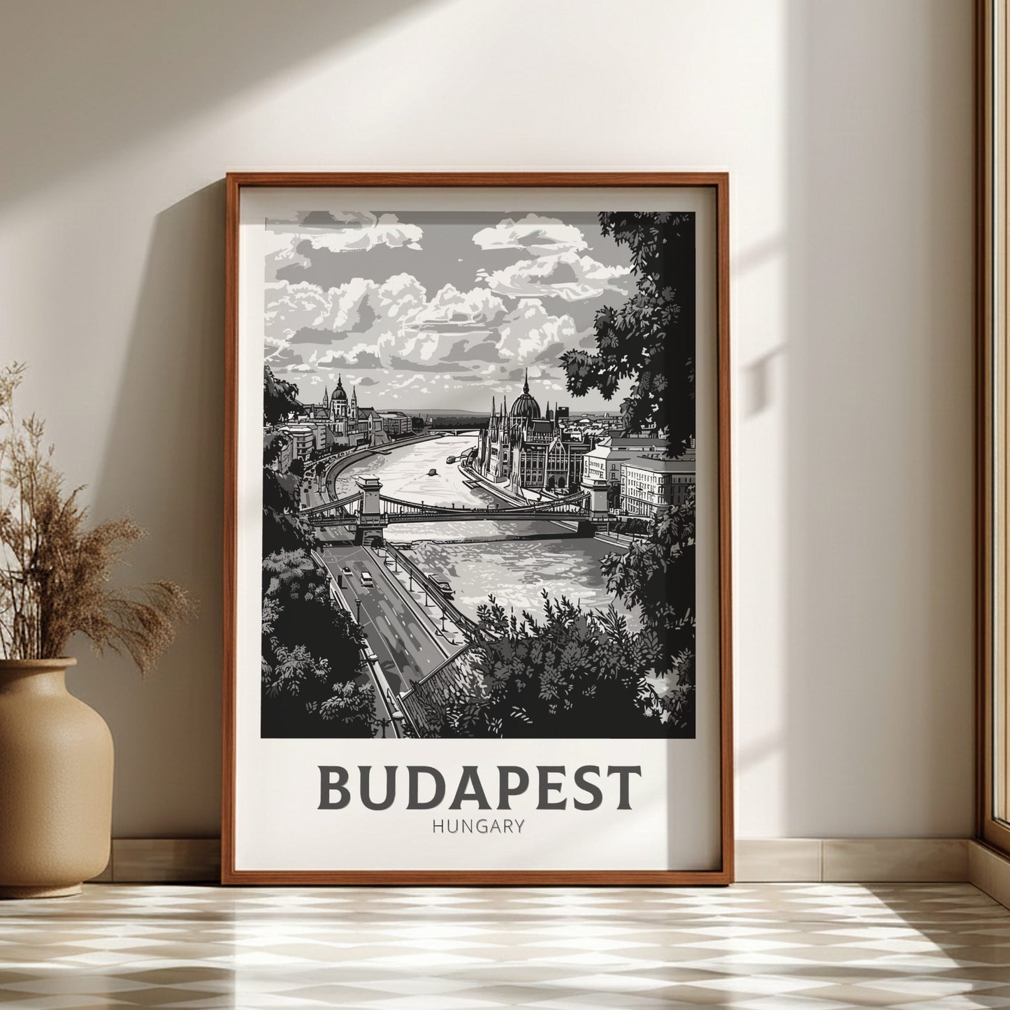Budapest black and white travel poster on a dark wood frame