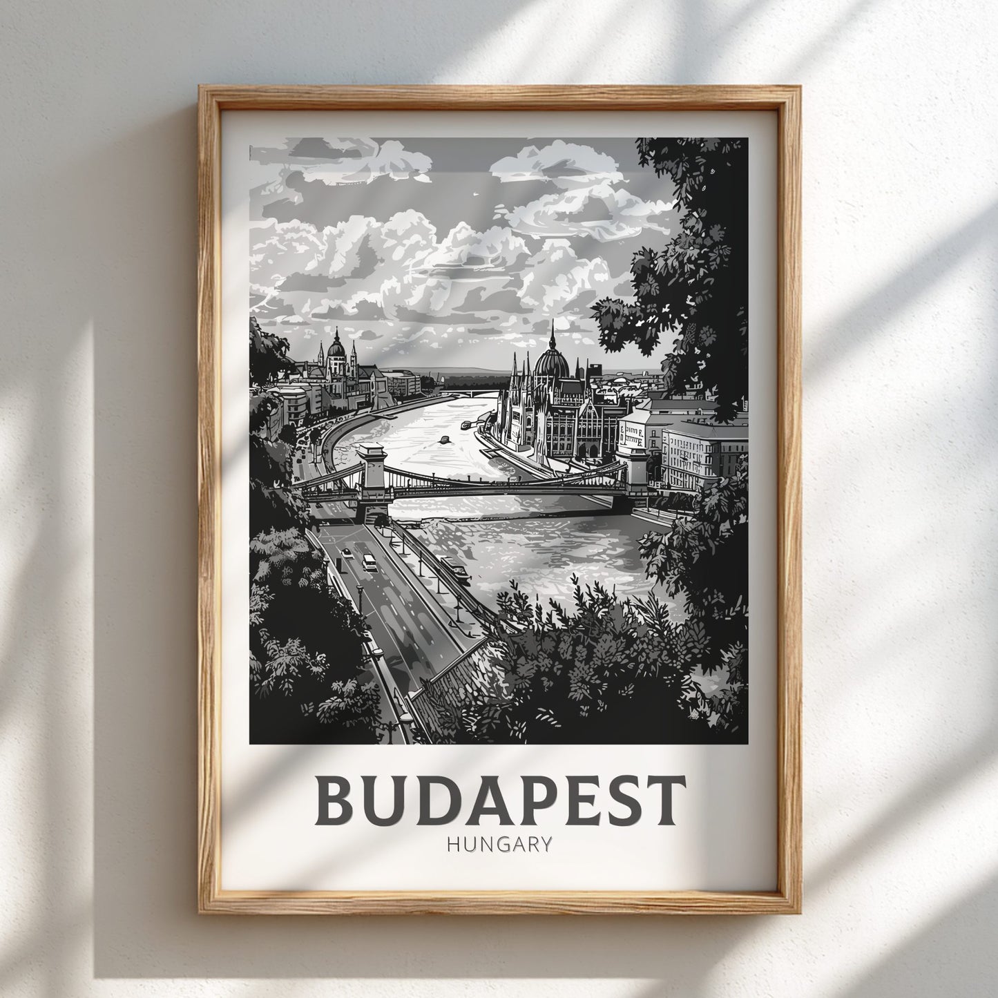 Budapest black and white travel poster on a natural oak frame