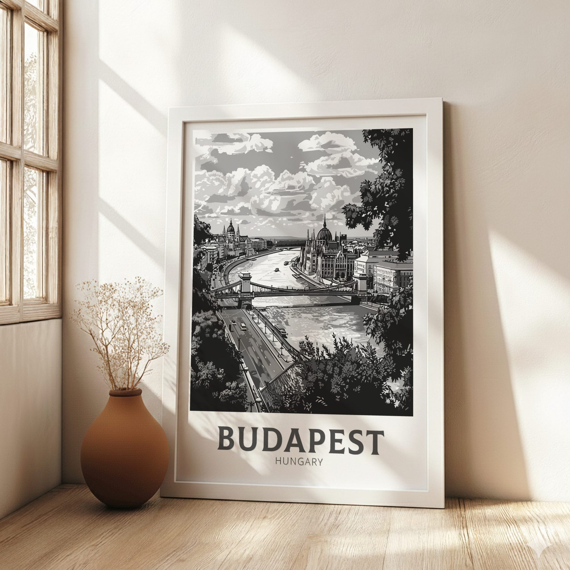 Budapest black and white travel poster on a white frame