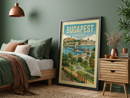 Vintage Budapest travel poster featuring the Chain Bridge, Parliament, and a tram in a retro illustration