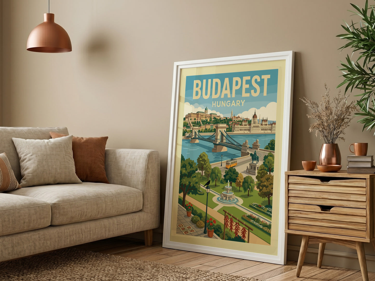 Vintage Budapest travel poster featuring the Chain Bridge, Parliament, and a tram in a retro illustration