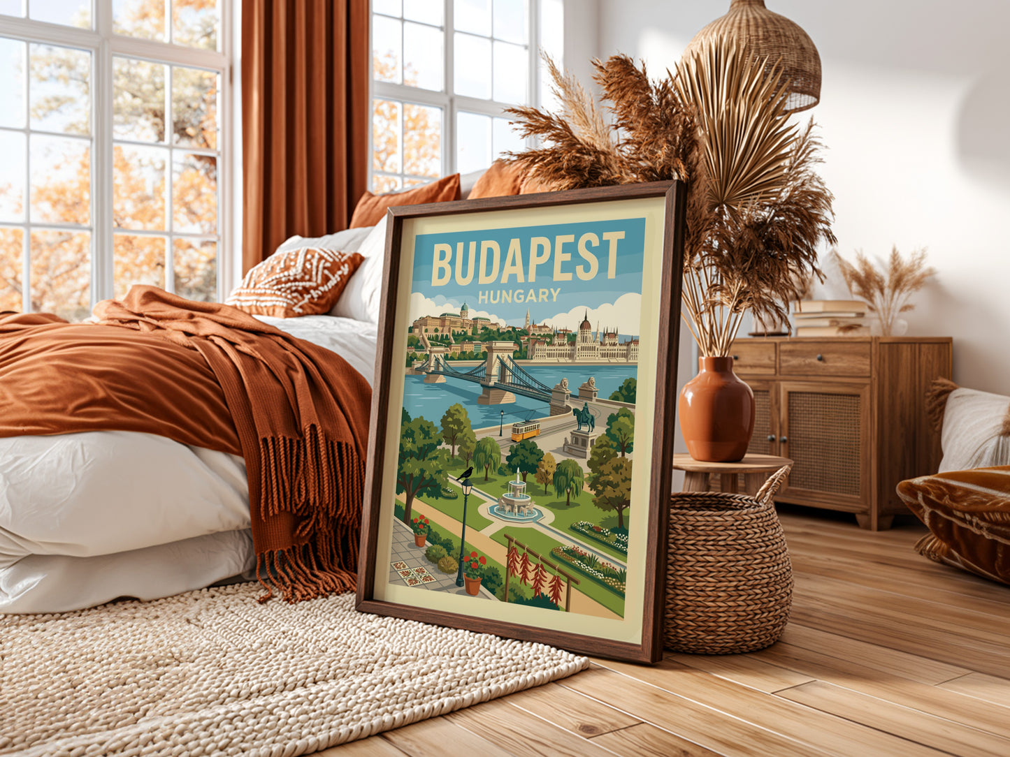 Vintage Budapest travel poster featuring the Chain Bridge, Parliament, and a tram in a retro illustration