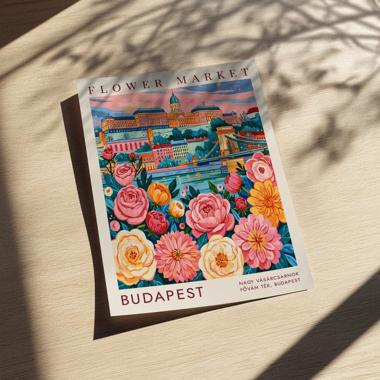 Flower market poster featuring colorful blossoms and Budapest cityscape in vibrant hues