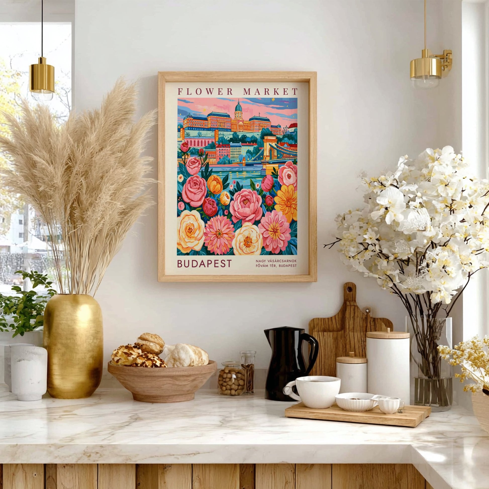 Flower market poster featuring colorful blossoms and Budapest cityscape in vibrant hues