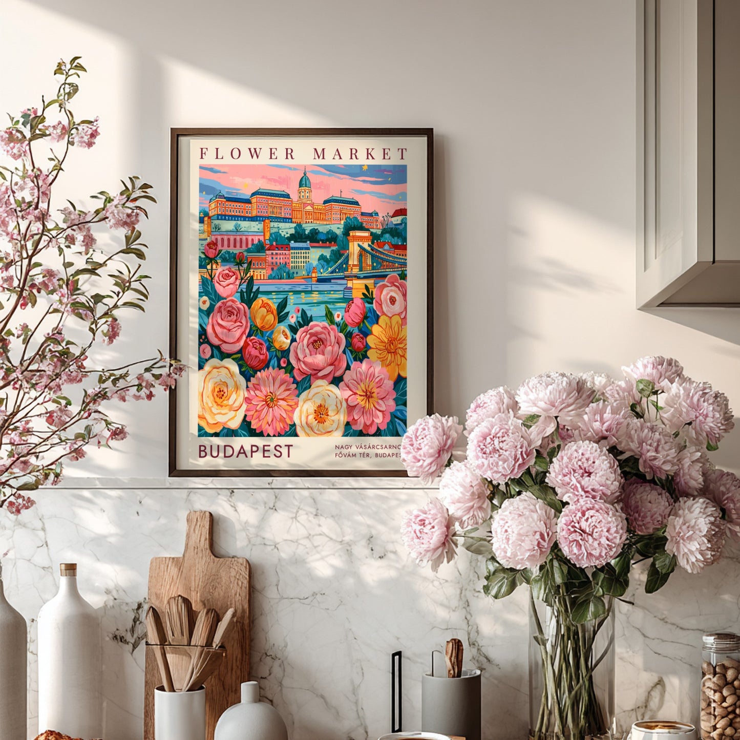 Flower market poster featuring colorful blossoms and Budapest cityscape in vibrant hues