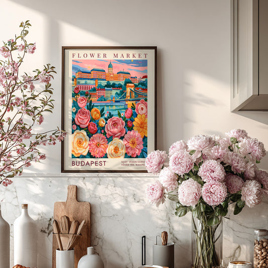 Flower market poster featuring colorful blossoms and Budapest cityscape in vibrant hues