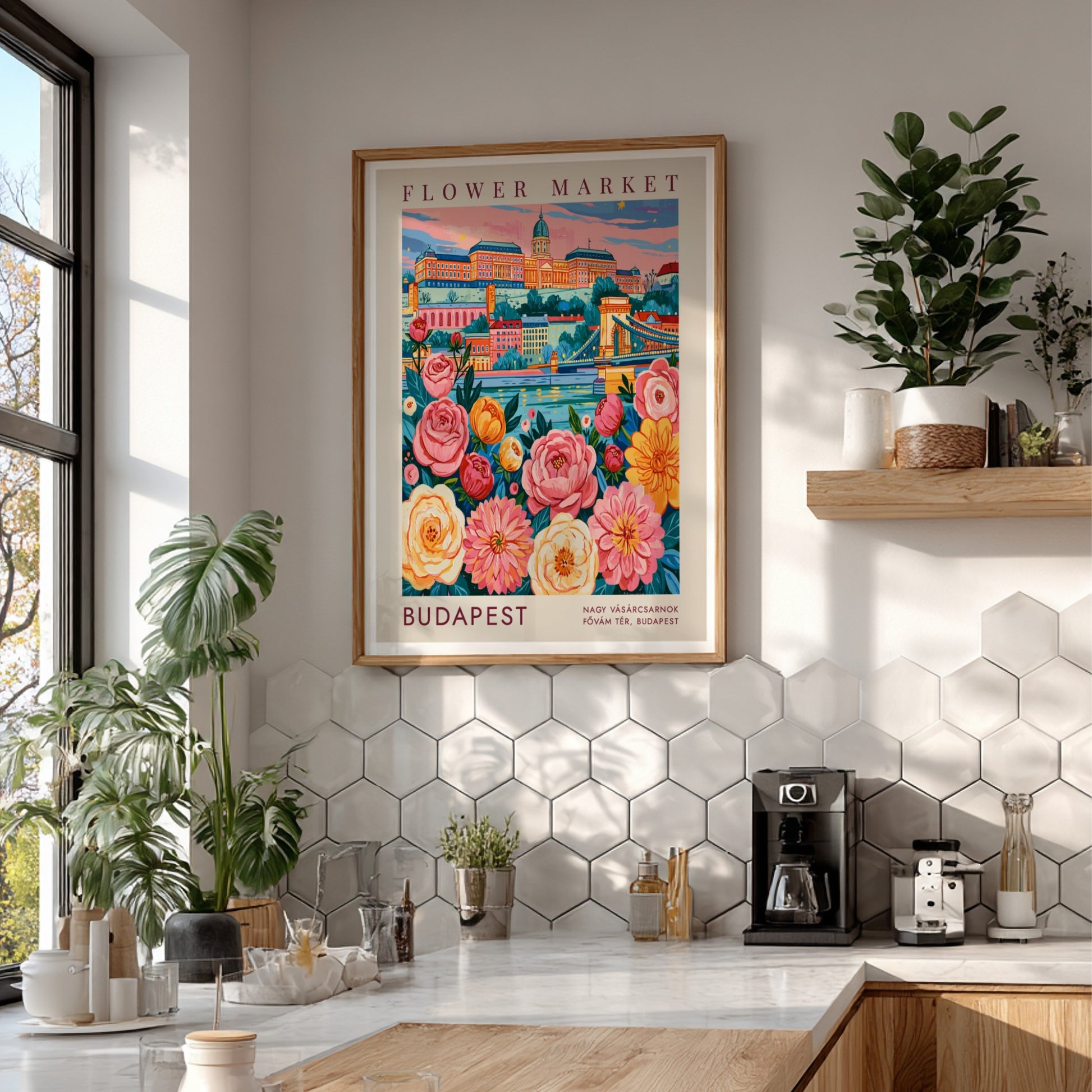 Flower market poster featuring colorful blossoms and Budapest cityscape in vibrant hues