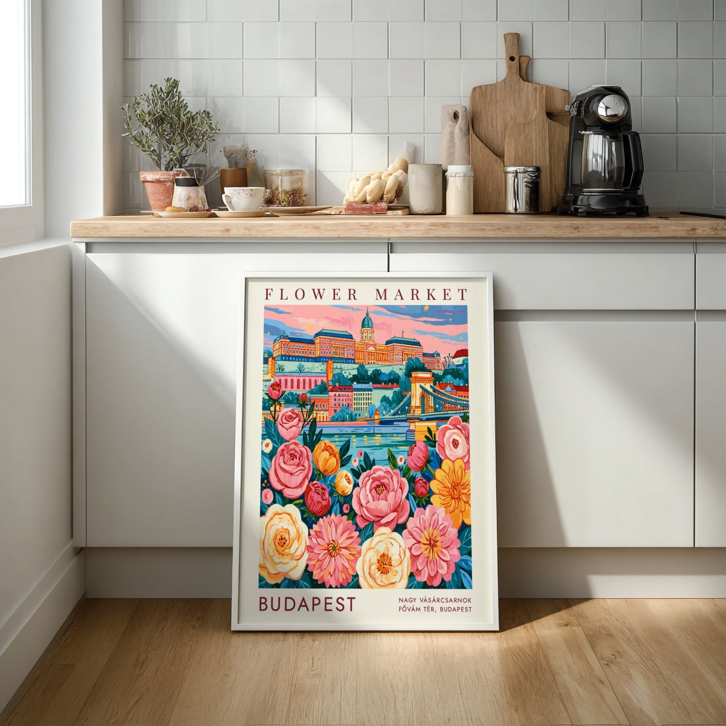Flower market poster featuring colorful blossoms and Budapest cityscape in vibrant hues