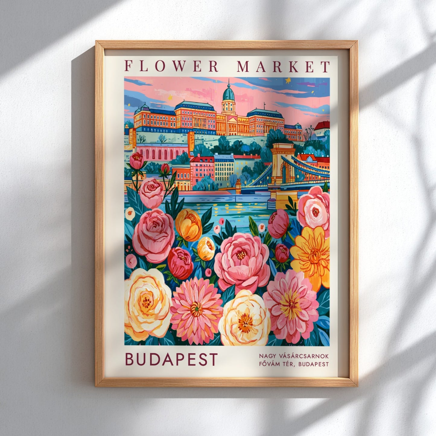 Flower market poster featuring colorful blossoms and Budapest cityscape in vibrant hues
