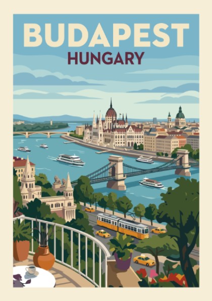 Vintage style travel poster of Budapest, Hungary, featuring city landmarks and the Danube River.