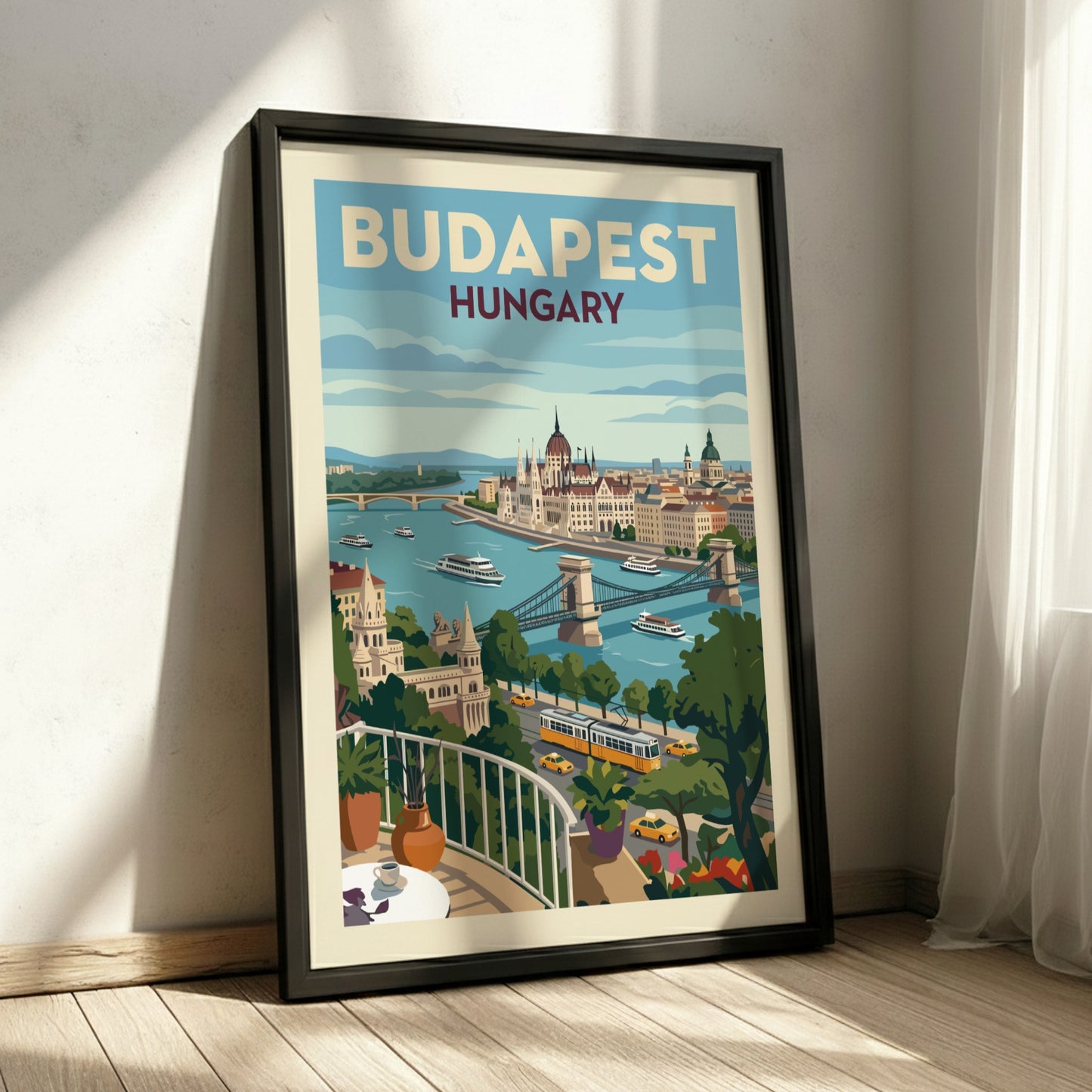 Vintage style travel poster of Budapest, Hungary, featuring city landmarks and the Danube River.