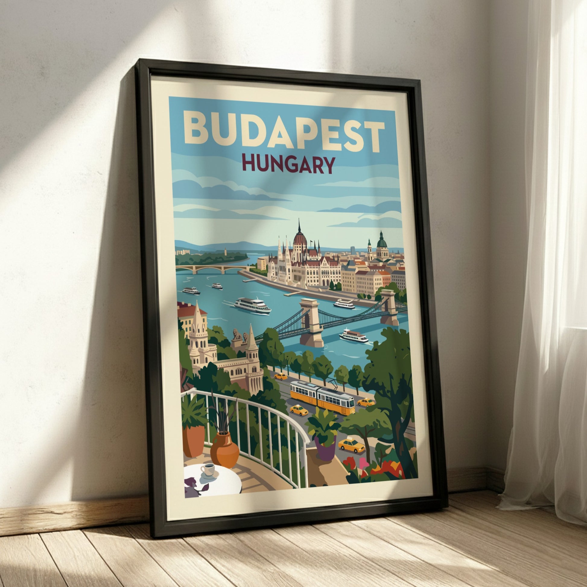 Vintage style travel poster of Budapest, Hungary, featuring city landmarks and the Danube River.