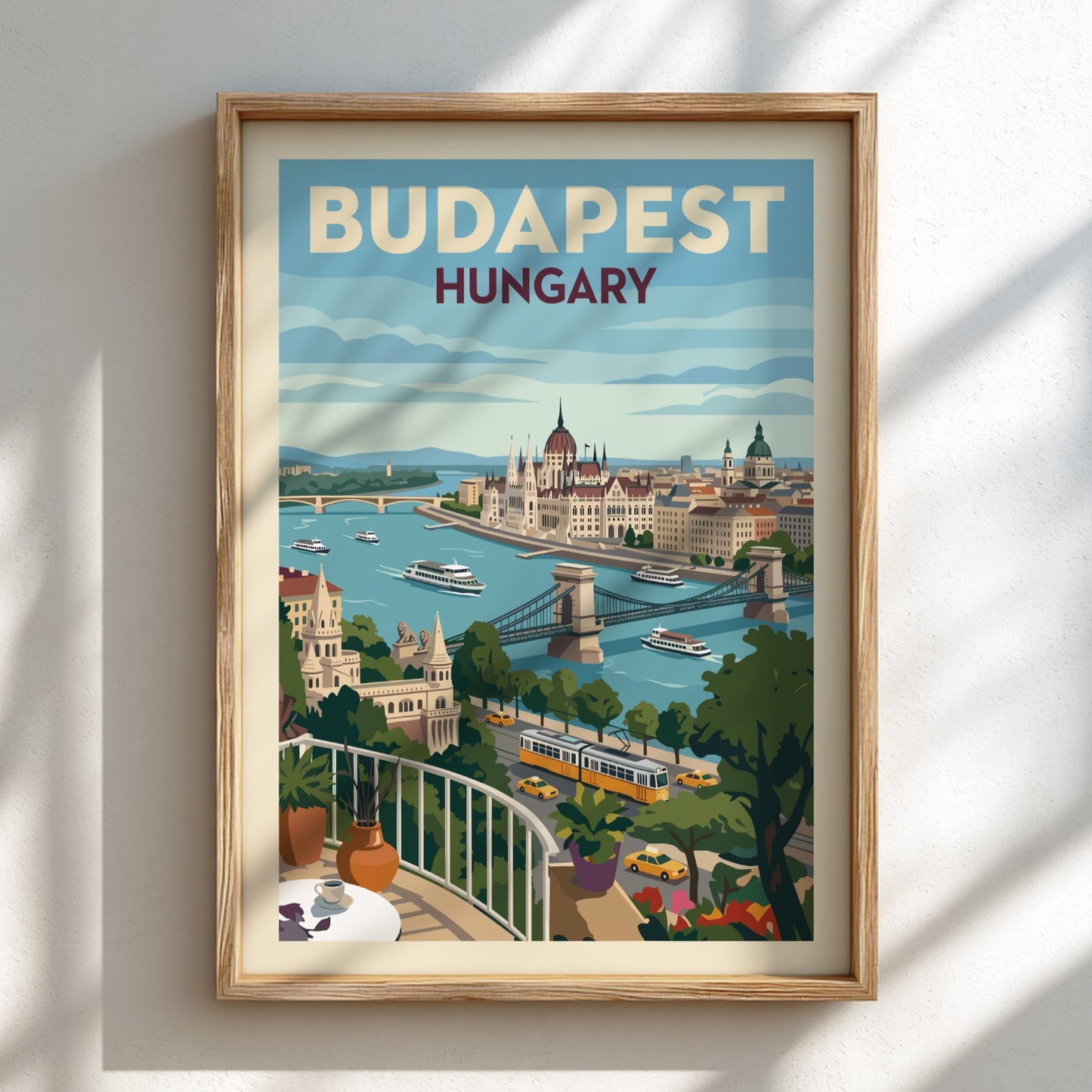 Vintage style travel poster of Budapest, Hungary, featuring city landmarks and the Danube River.