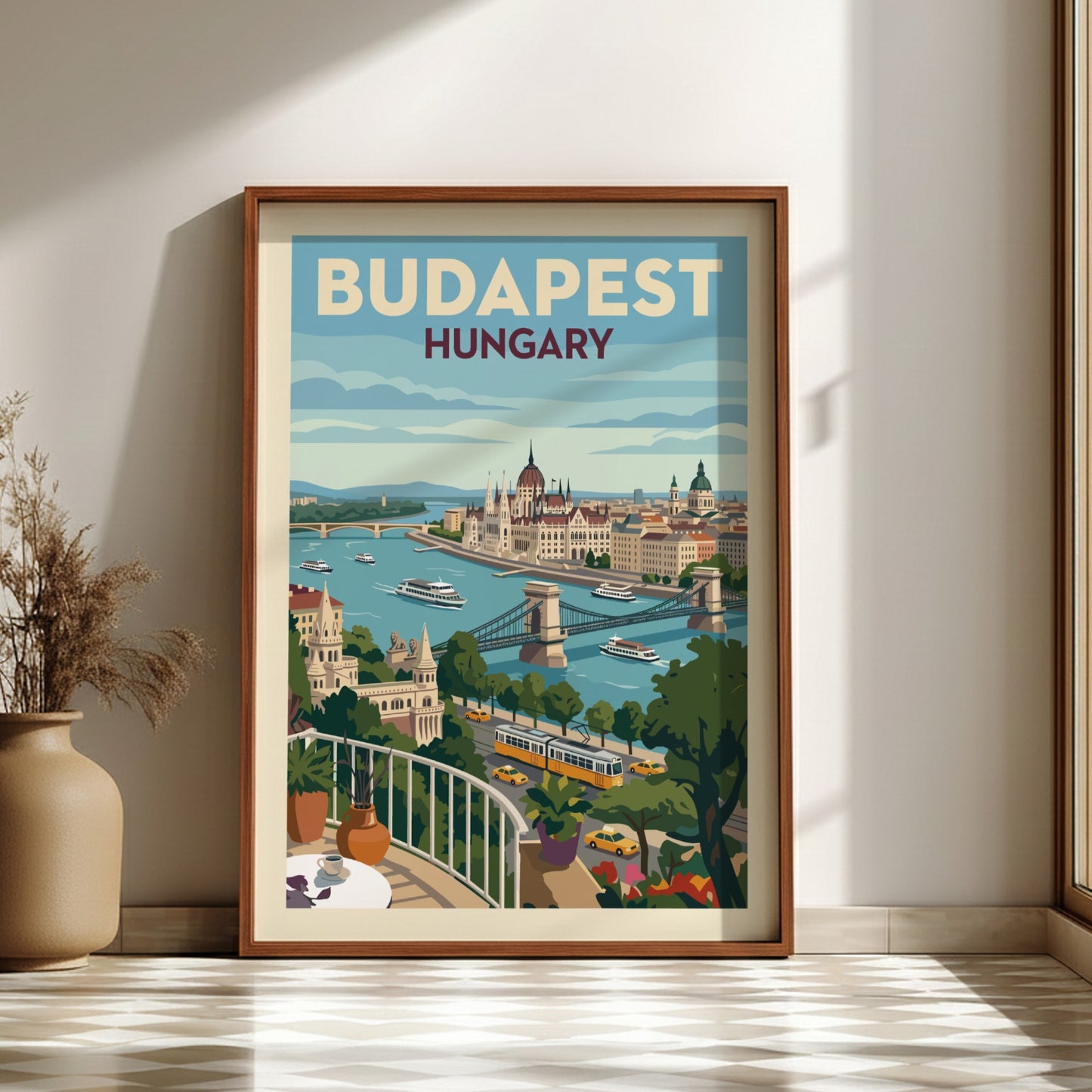 Vintage style travel poster of Budapest, Hungary, featuring city landmarks and the Danube River.