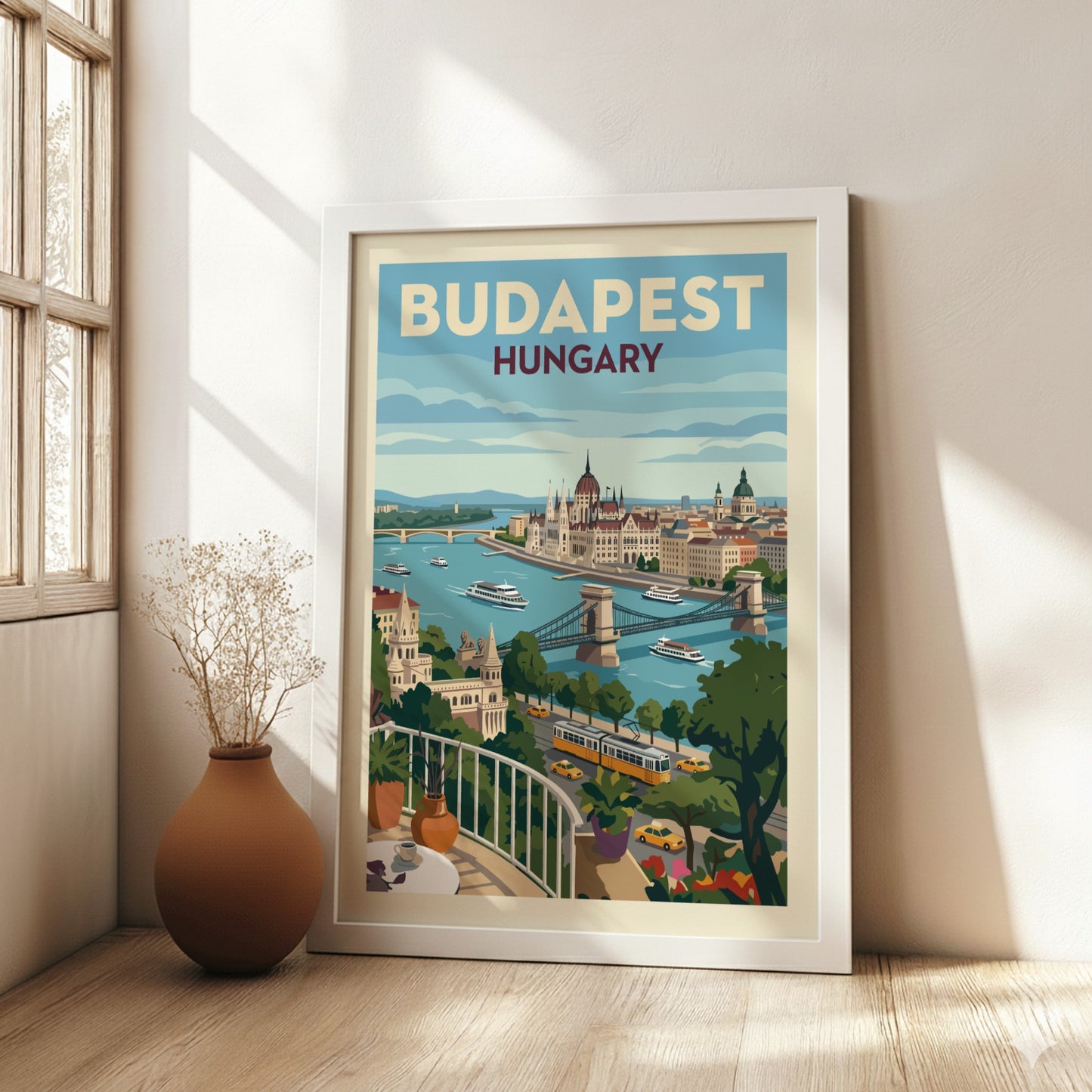 Vintage style travel poster of Budapest, Hungary, featuring city landmarks and the Danube River.