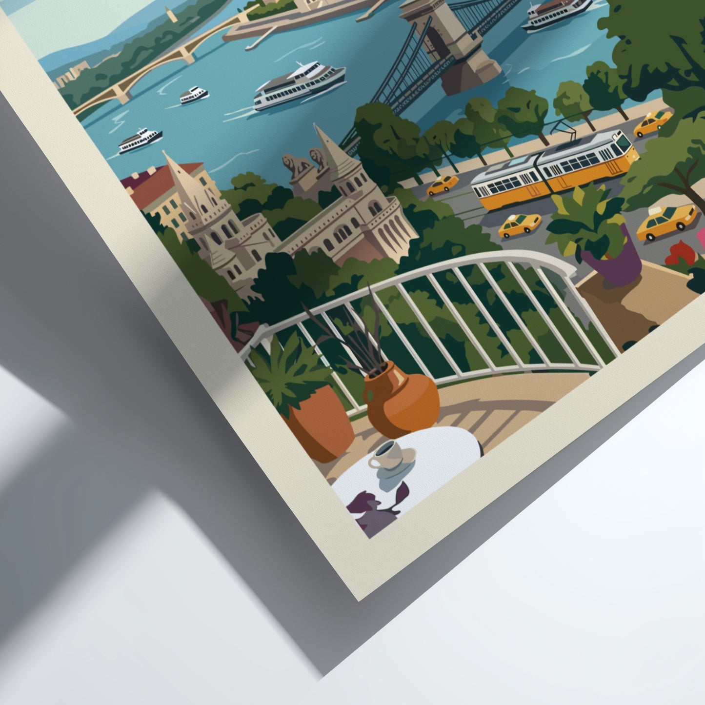 Vintage style travel poster of Budapest, Hungary, featuring city landmarks and the Danube River.