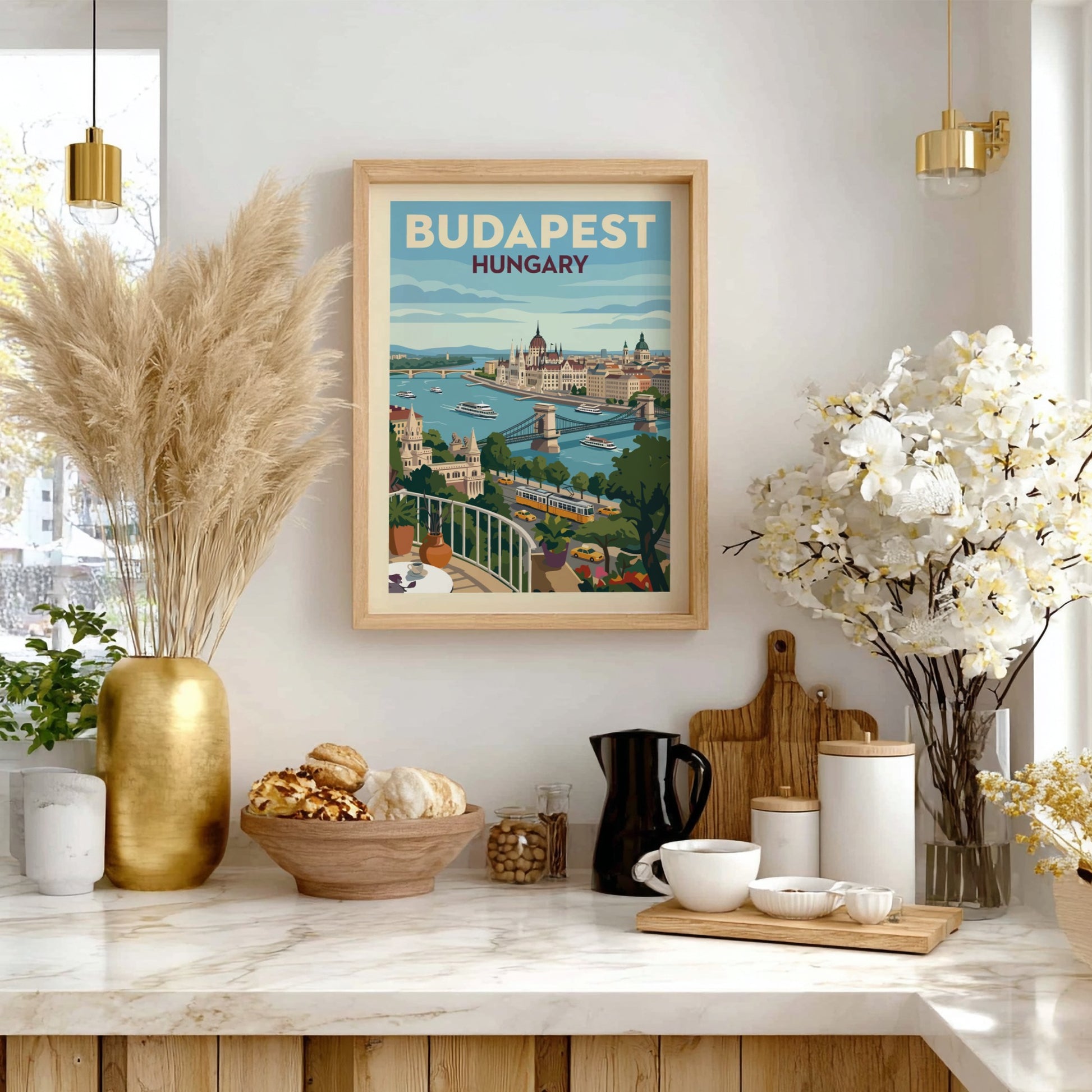 Vintage style travel poster of Budapest, Hungary, featuring city landmarks and the Danube River.