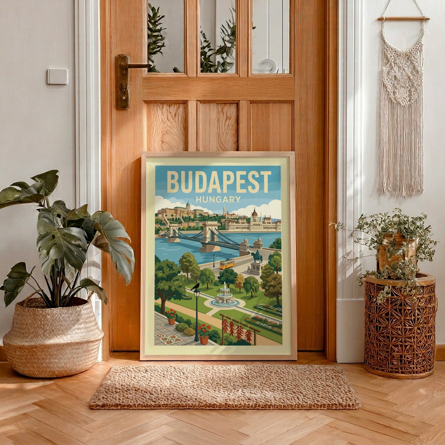 Vintage Budapest travel poster featuring the Chain Bridge, Parliament, and a tram in a retro illustration