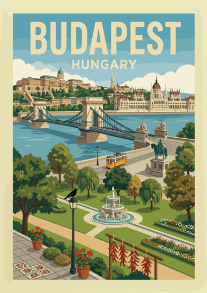 Vintage Budapest travel poster featuring the Chain Bridge, Parliament, and a tram in a retro illustration
