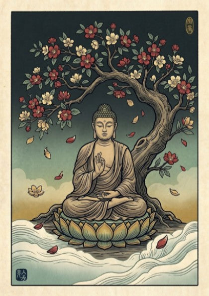 Buddha Blossom Tree poster featuring serene Buddha under a flowering tree in Japanese art style