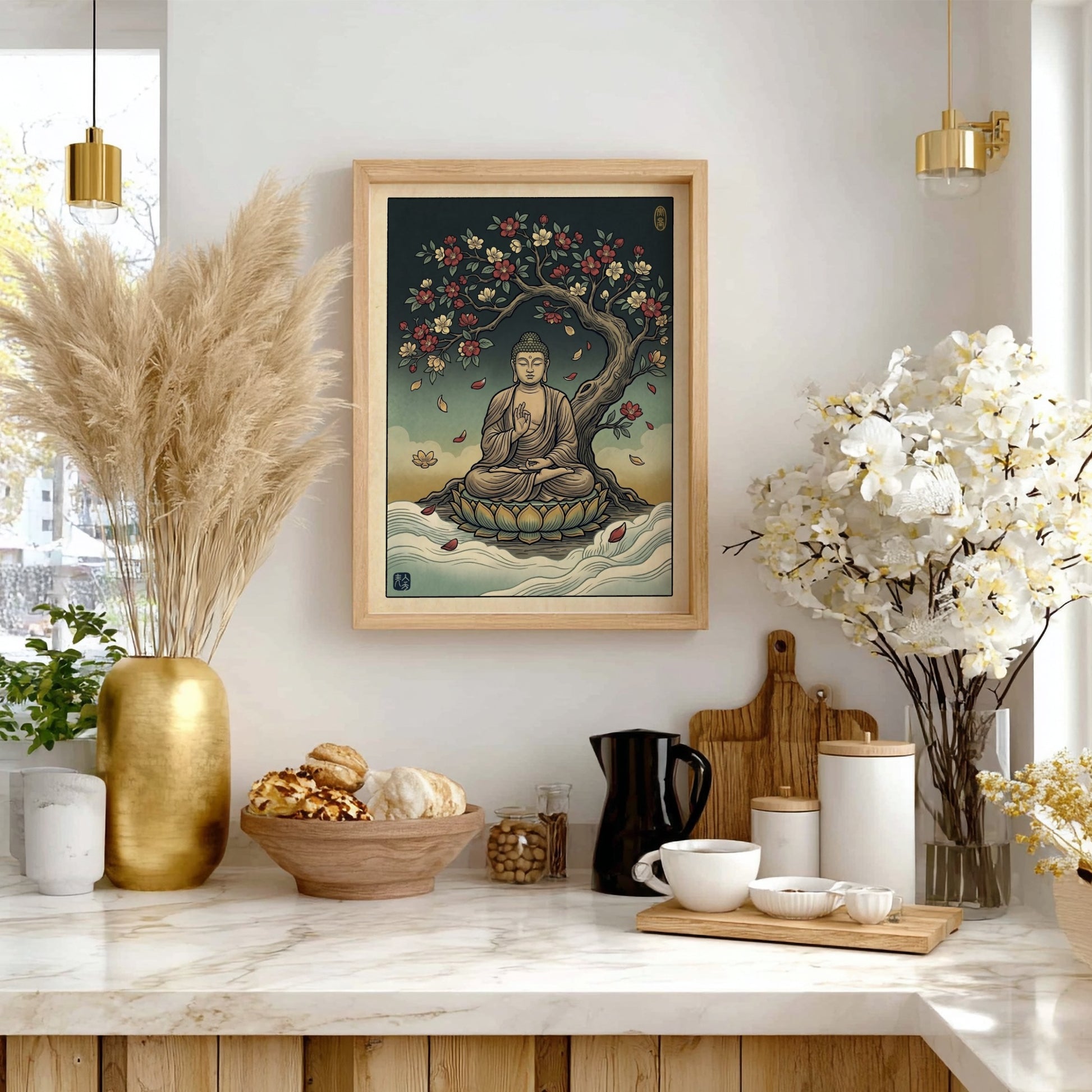 Buddha Blossom Tree poster featuring serene Buddha under a flowering tree in Japanese art style
