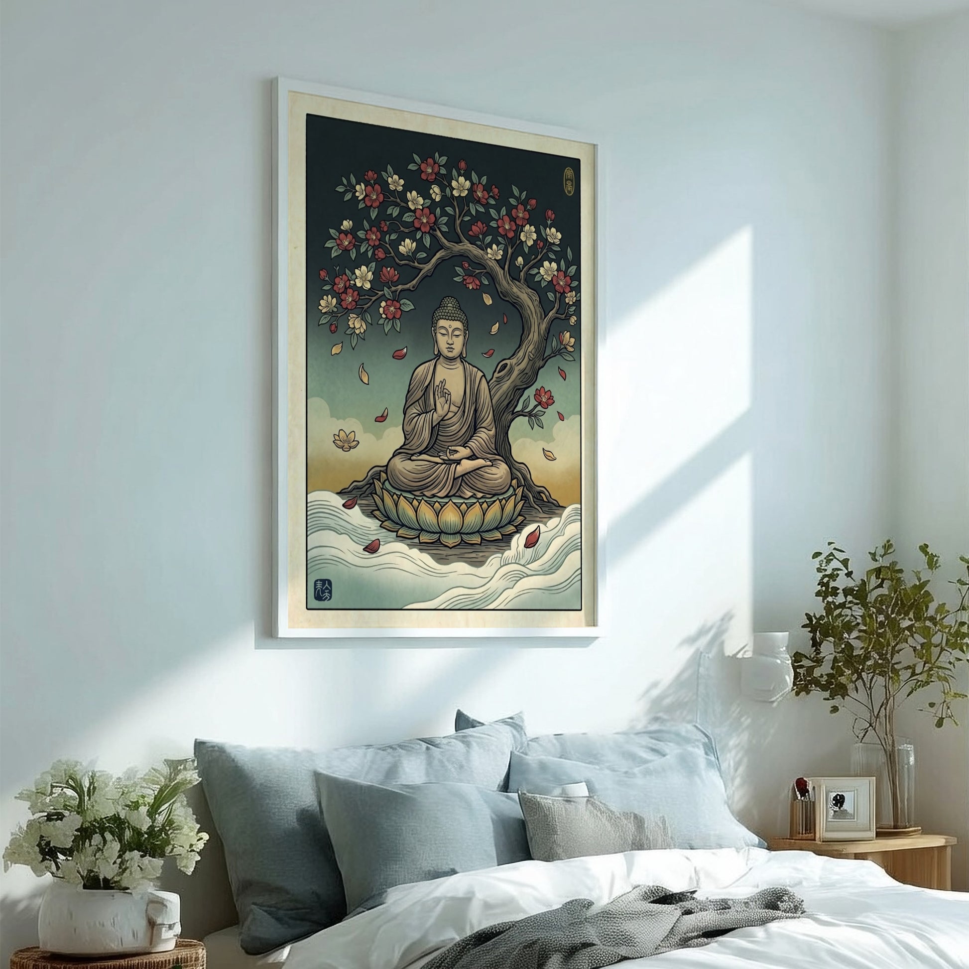 Buddha Blossom Tree poster featuring serene Buddha under a flowering tree in Japanese art style