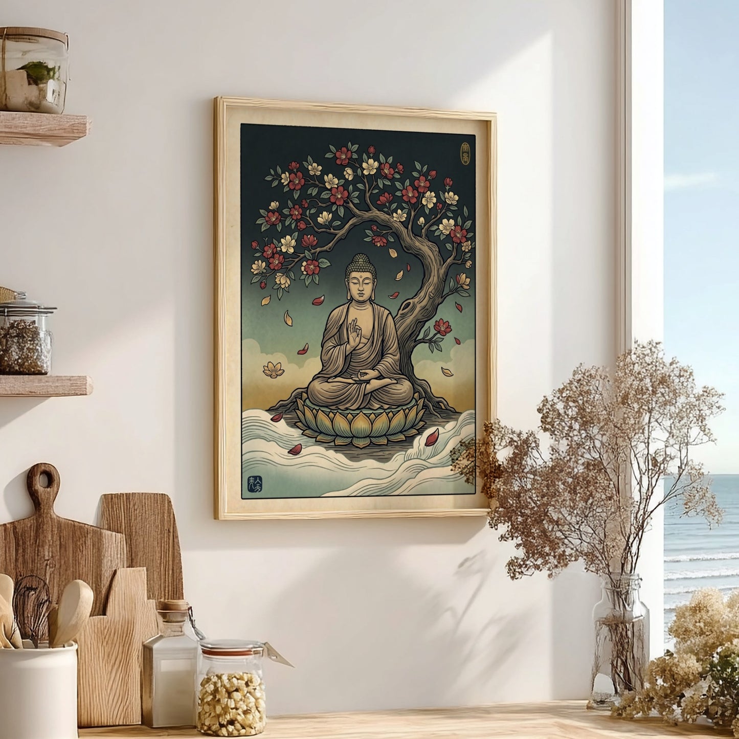 Buddha Blossom Tree poster featuring serene Buddha under a flowering tree in Japanese art style
