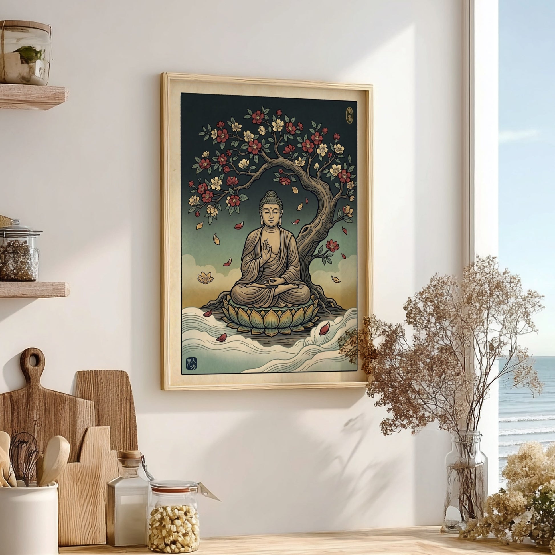 Buddha Blossom Tree poster featuring serene Buddha under a flowering tree in Japanese art style