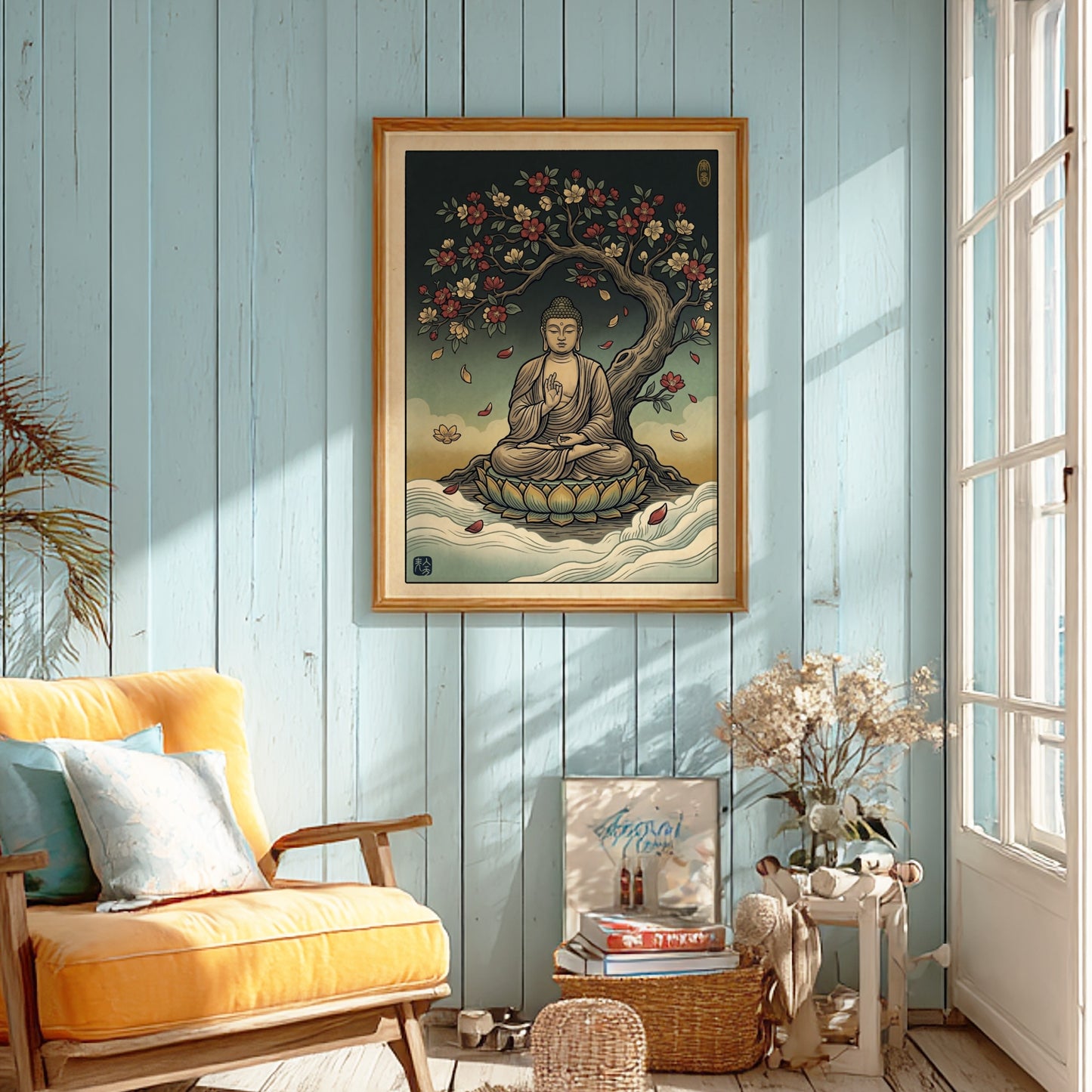 Buddha Blossom Tree poster featuring serene Buddha under a flowering tree in Japanese art style