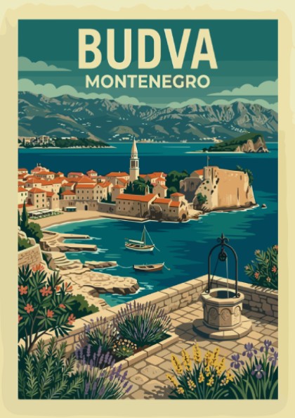 Stylized travel poster of Budva, Montenegro, featuring coastal town and sea.