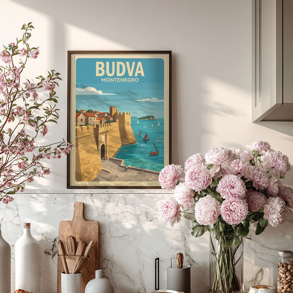 Budva Montenegro travel poster featuring historic stone city walls and sailing boats at sea.