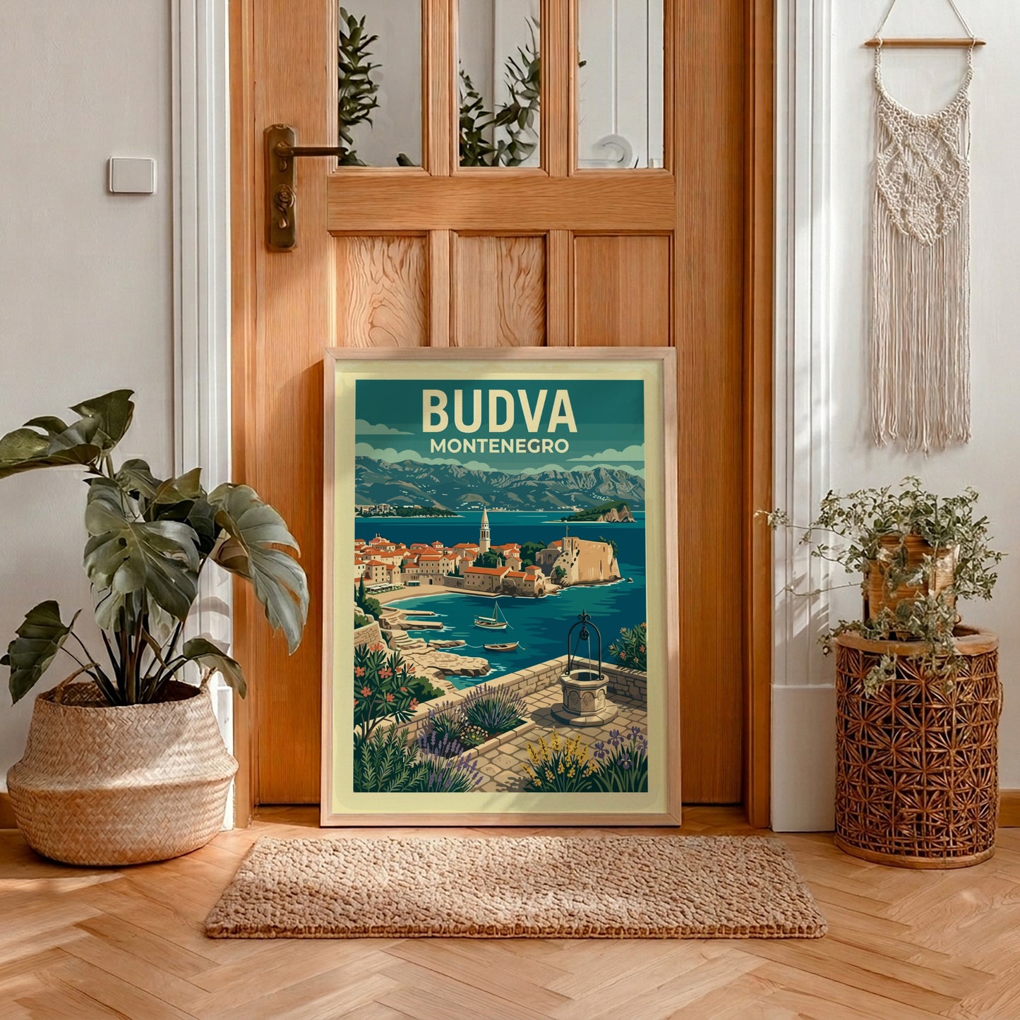 Stylized travel poster of Budva, Montenegro, featuring coastal town and sea.
