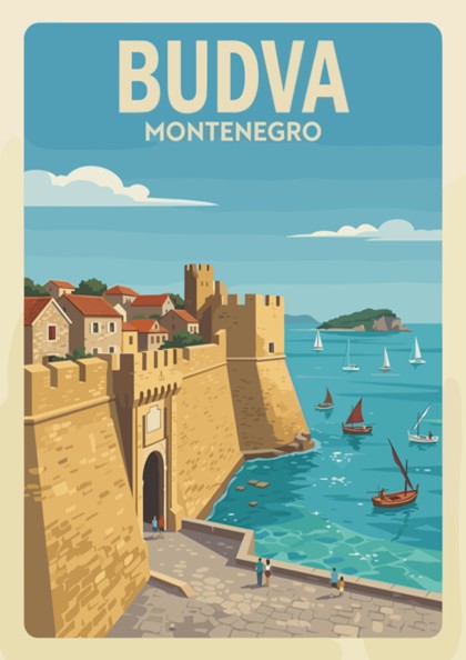 Budva Montenegro travel poster featuring historic stone city walls and sailing boats at sea.