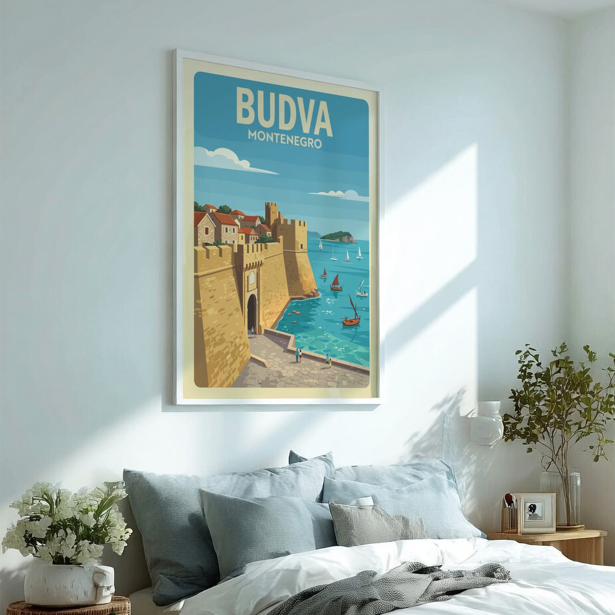 Budva Montenegro travel poster featuring historic stone city walls and sailing boats at sea.