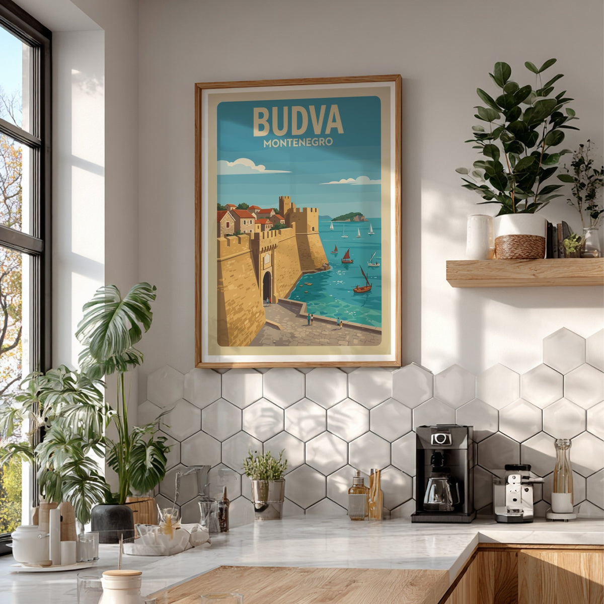 Budva Montenegro travel poster featuring historic stone city walls and sailing boats at sea.