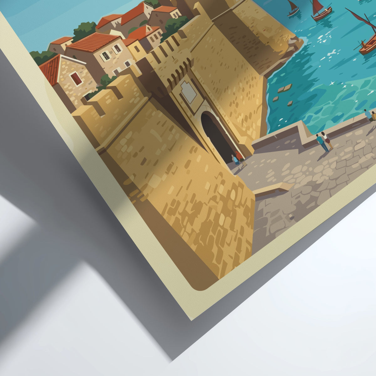 Budva Montenegro travel poster featuring historic stone city walls and sailing boats at sea.