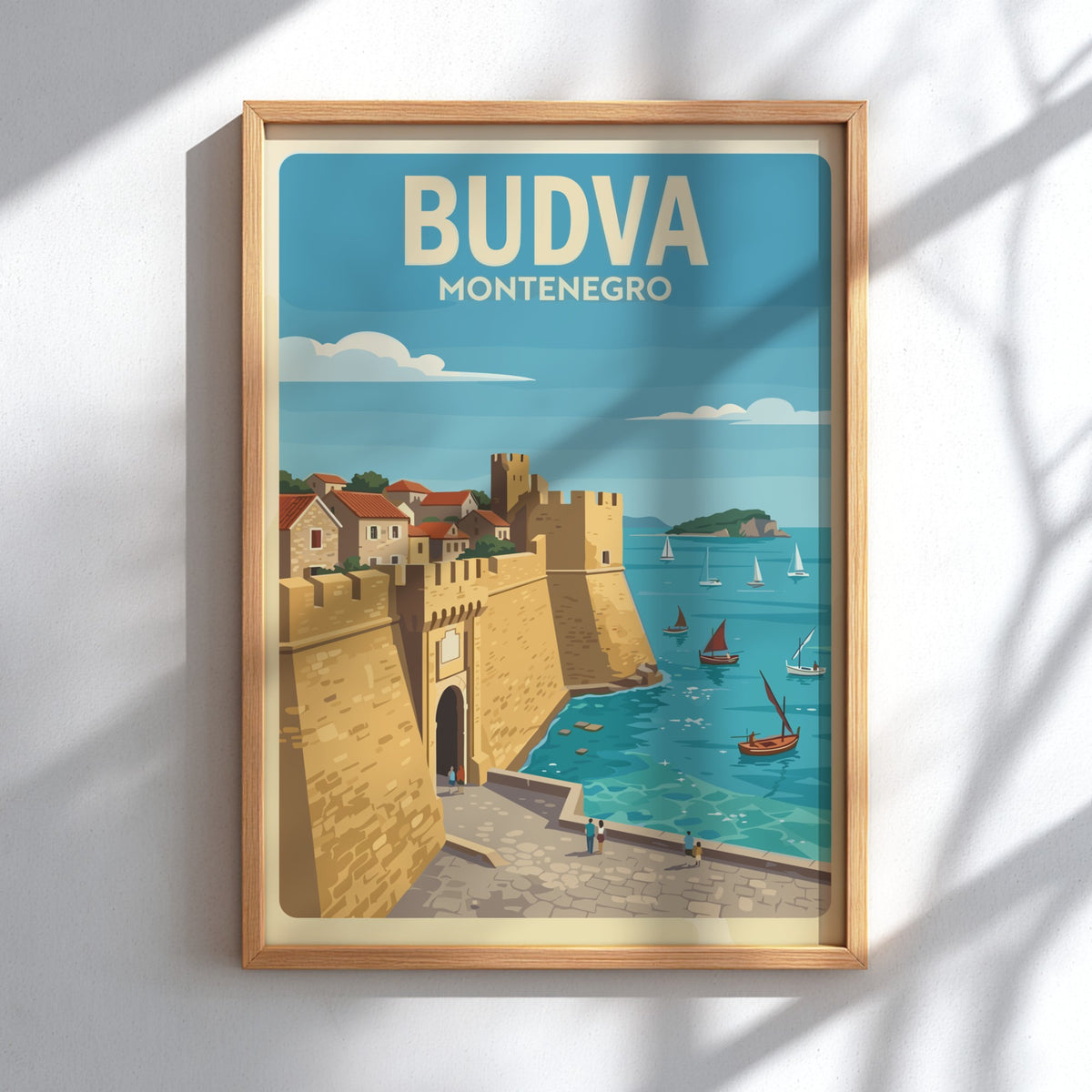 Budva Montenegro travel poster featuring historic stone city walls and sailing boats at sea.