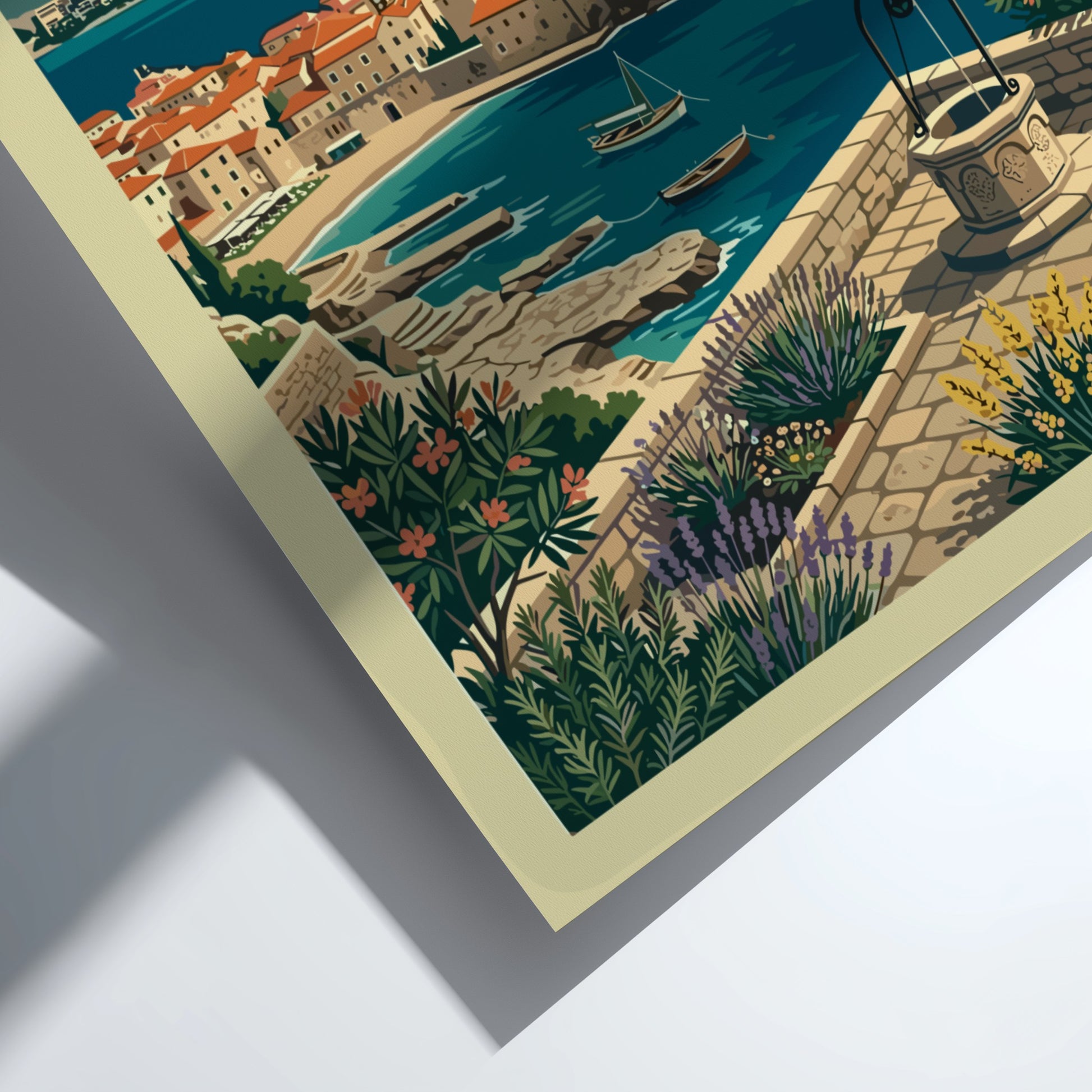 Stylized travel poster of Budva, Montenegro, featuring coastal town and sea.