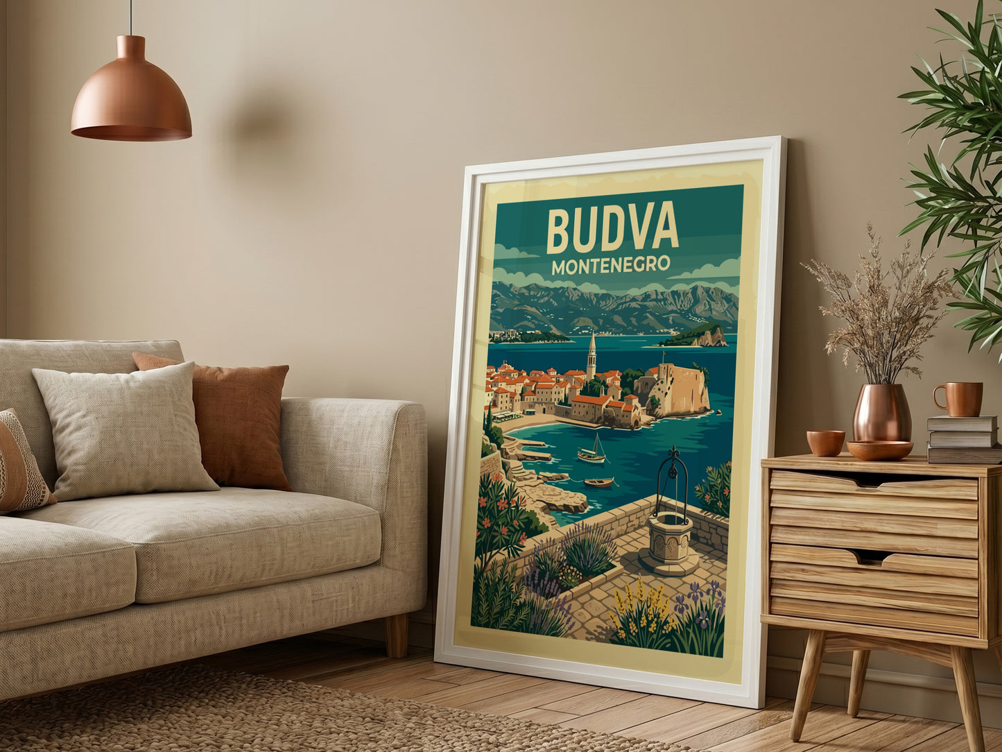 Stylized travel poster of Budva, Montenegro, featuring coastal town and sea.