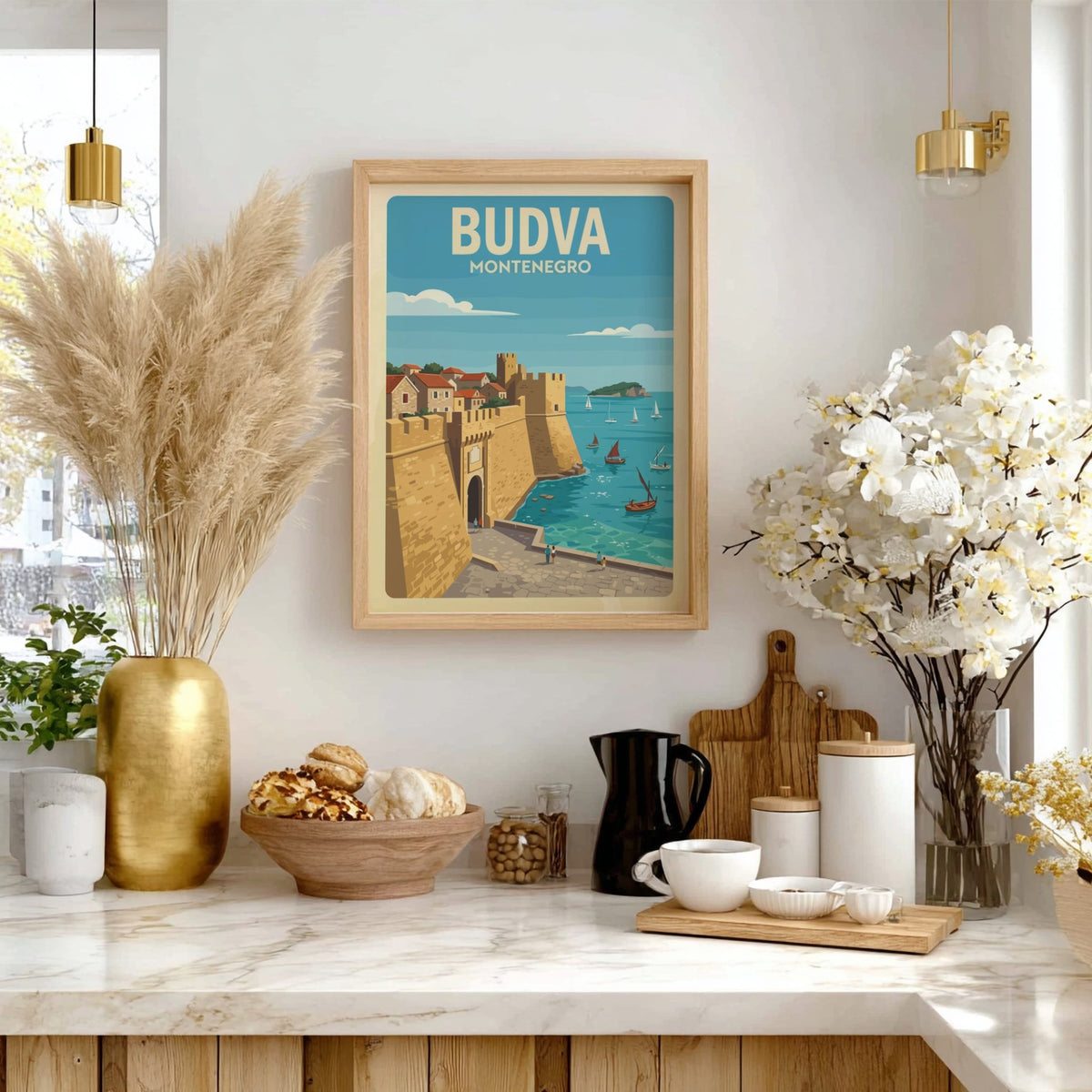 Budva Montenegro travel poster featuring historic stone city walls and sailing boats at sea.